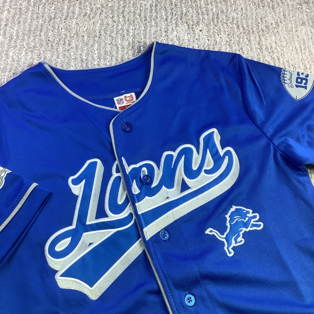 NFL Ultra Game Detroit Lions Baseball Jersey Blue Silver XS NWT
